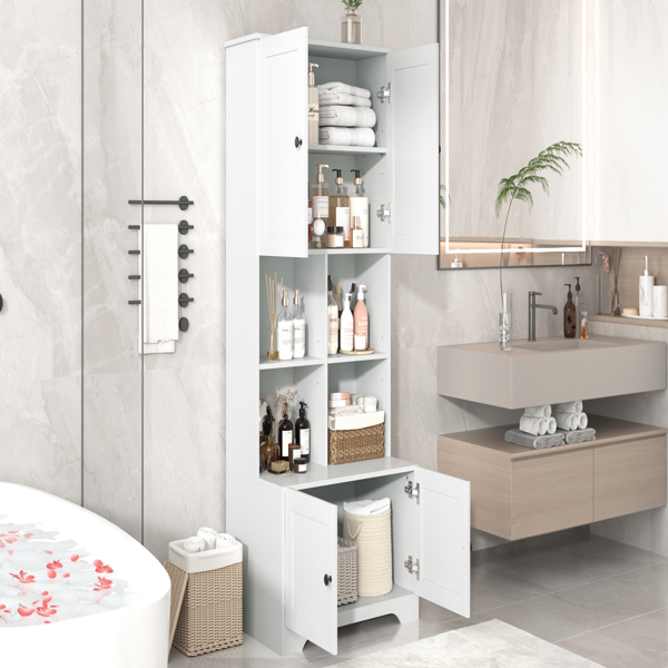 Tall and Wide Bathroom Floor Storage Cabinet, Bathroom Storage Unit, Freestanding Cabinet with 4 Doors, Adjustable Shelves, Open multi-layer Shelves, White 