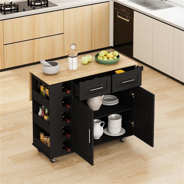 Multi-Functional Kitchen Island Cart with Stylish and Minimalist Bar Stools, Combination Set, Convenient and Practical (Black Kitchen Island + Wood Color Bar Stools)