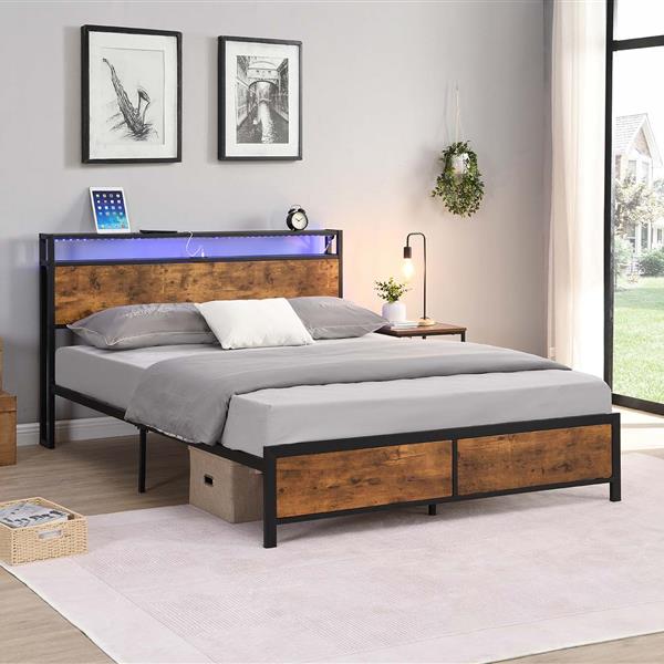 Industrial Queen Bed Frame with LED Lights and 2 USB Ports, Bed Frame Queen Size with Storage, Noise Free, No Box Spring Needed, Rustic Brown