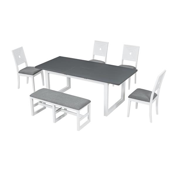 Modern 78inch 6-Piece Extendable Dining Table Set, 4 Upholstered Dining Chairs and Dining Bench, 18" Butterfly Leaf, White