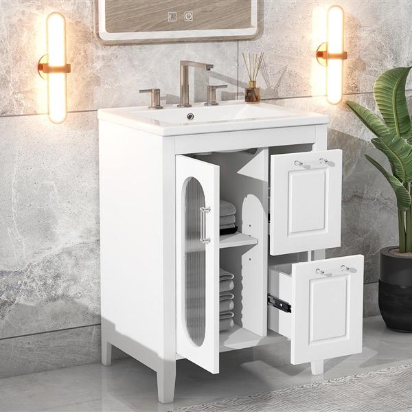 24" Bathroom Vanity with Sink, Bathroom Vanity Cabinet with Two Drawers and Door, Adjustable Shelf, Solid Wood and MDF, White