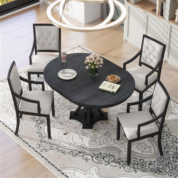 Retro 5-piece Dining Set Extendable Round Table and 4 Chairs for Kitchen Dining Room (BLACK OAK)