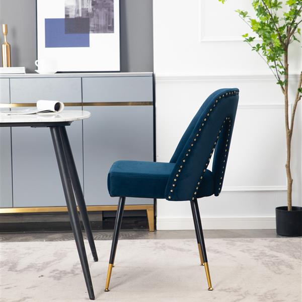 Furniture, Collection Modern | Contemporary Velvet Upholstered Dining Chair with Nailheads and ld Tipped Black Metal Legs,Blue,Set of 2