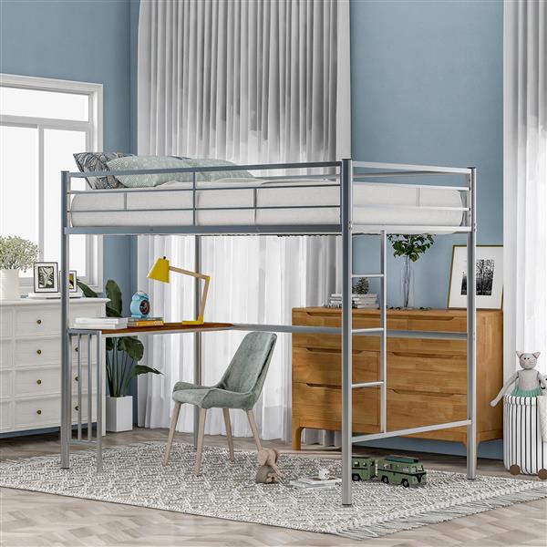 Twin Metal Loft Bed with Desk, Ladder and Guardrails, Loft Bed for Bedroom, Silver