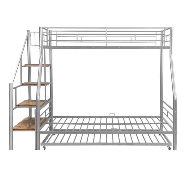 Twin over Full Size Metal Bunk Bed with Trundle and Storage Staircase, Silver