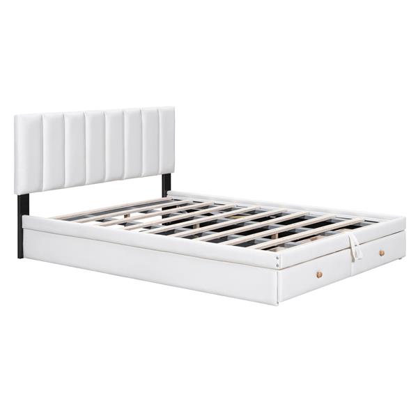 Full Size Upholstered Bed with Hydraulic Storage System and Drawer, White