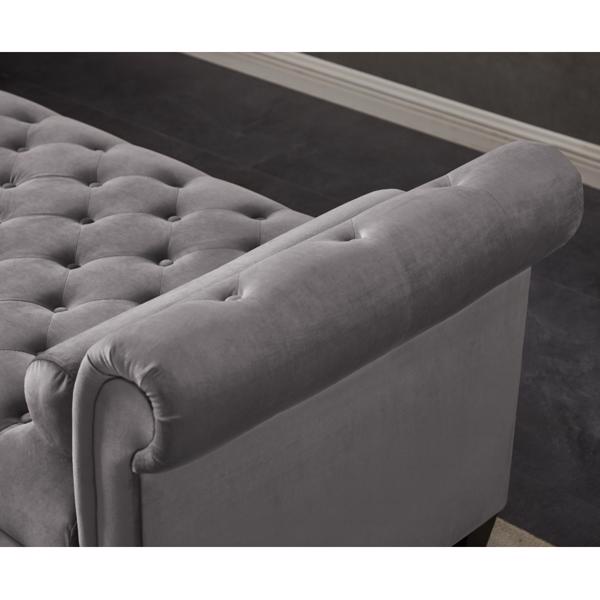 Dark Grey, Solid Wood Legs Velvet Rectangular Sofa Bench with Attached Cylindrical Pillows