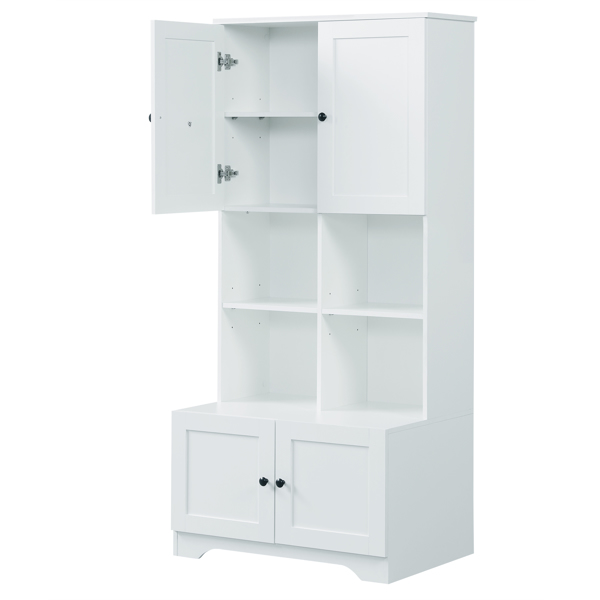 Tall and Wide Bathroom Floor Storage Cabinet, Bathroom Storage Unit, Freestanding Cabinet with 4 Doors, Adjustable Shelves, Open multi-layer Shelves, White 