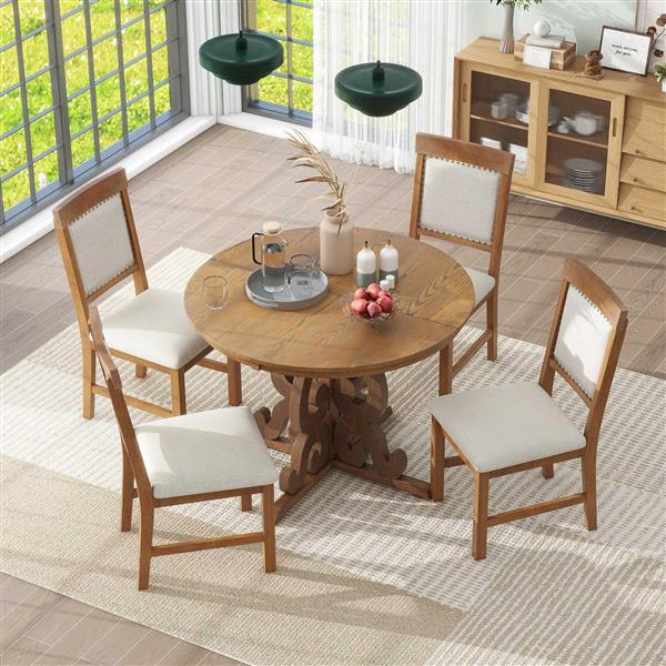 5-Piece Retro Functional Dining Set, 1 Extendable Table with a 16-inch Leaf and 4 Upholstered Chairs for Dining Room and Kitchen (Walnut)