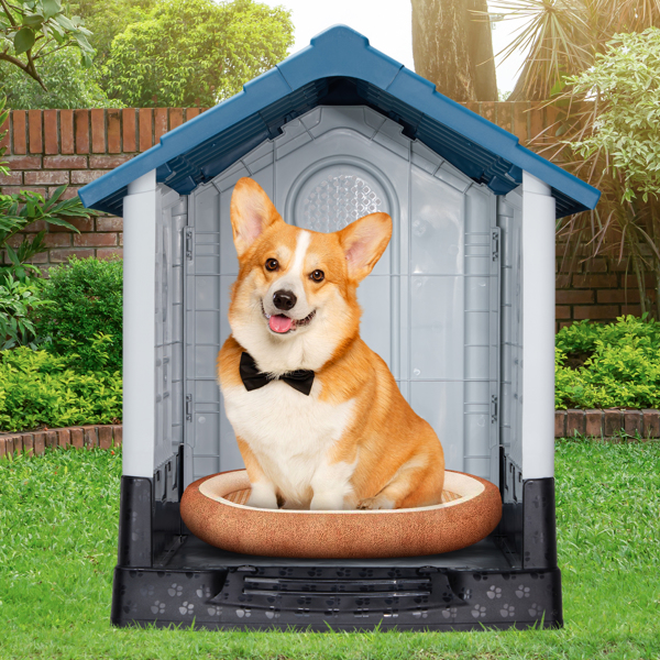 26 inch Plastic Dog House, Indoor Outdoor Doghouse Pet House with Air Vents and Elevated Floor, Insulated Water Resistant Puppy Shelter Kennel for Small Dogs, Blue & White