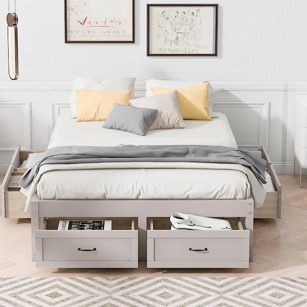 Full Size Platform Bed with 6 Storage Drawers,Antique White