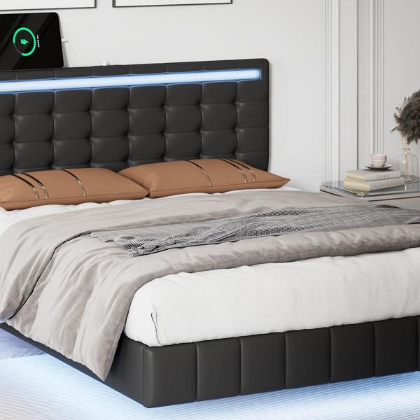 Full Size Floating Bed Frame with LED Lights and USB Charging,Modern Upholstered Platform LED Bed Frame,Black(Full)