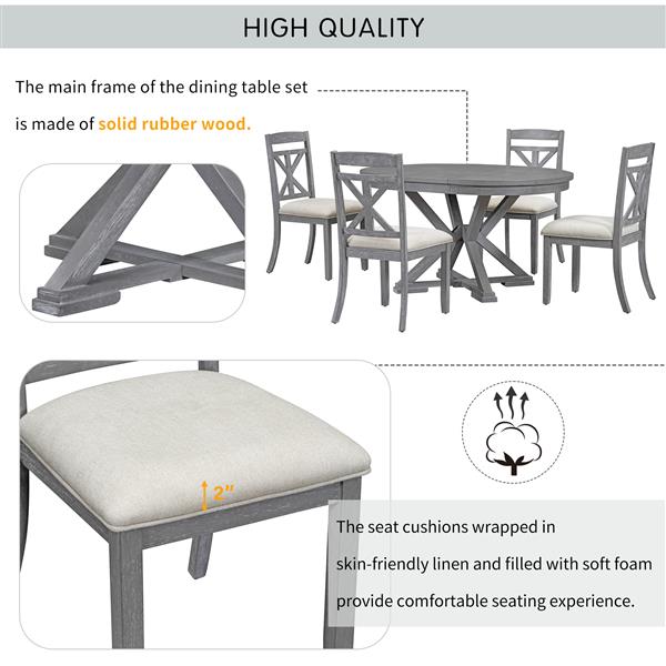 5-Piece Retro Functional Dining Table Set Extendable Round Table and 4 Upholstered Chairs for Dining Room and Living Room (Grey)