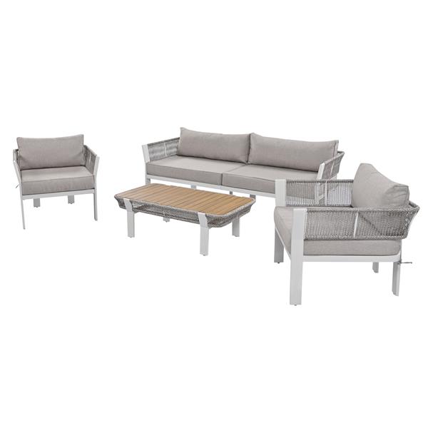 4-Piece Outdoor Patio Conversation Set with Coffee Table and Soft Waterproof Cushions for Garden, Poolside and Backyard(Brown Rope+Brown Gray Cushion)