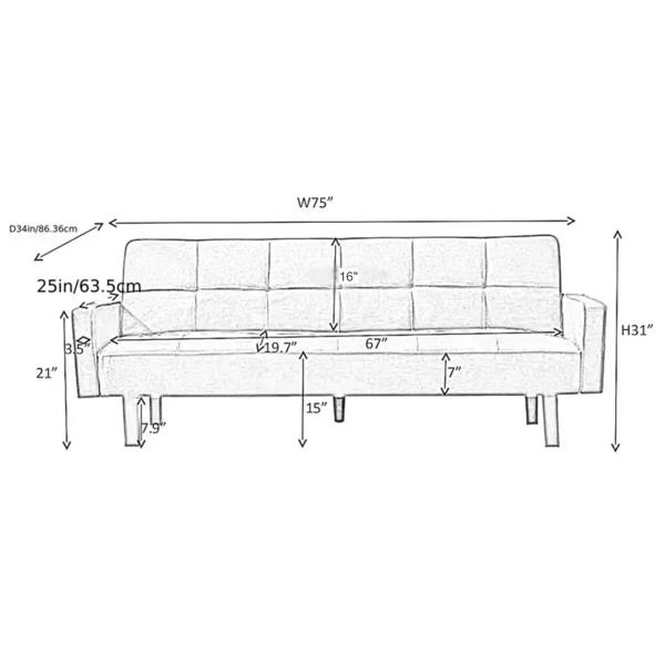 Grey Linen Sofa Bed, Convertible Sleeper Sofa with Arms, Solid Wood Feet and Plastic Centre Legs