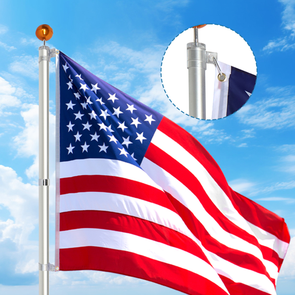 Telescopic Flag Pole Kit, 20FT Height Adjustable Heavy Duty Aluminum Flagpoles with 5x3 US Flag & Golden Ball Topper for Yard House Ground Residential Commercial