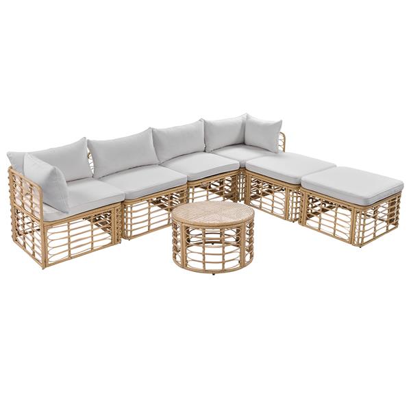 7 Pieces Outdoor Patio Furniture, All-Weather Rattan Sectional Sofa Set with Thick Cushions and Pillows, Freely Combined Conversation Sets for Garden, Backyard, Balcony, Gray