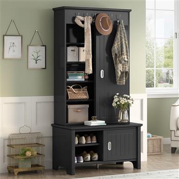 Multifunctional Hall Tree with Sliding Doors, Wooden Hallway Shoe Cabinet with Storage Bench and Shelves, Mudroom Coat Storage with Hanging Hooks for Entryways, Black