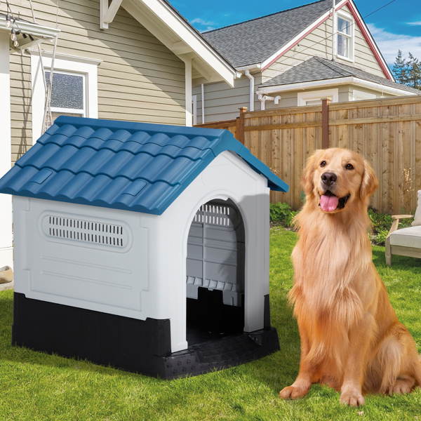 33 inch Large Plastic Dog House, Indoor Outdoor Doghouse Pet House with Air Vents and Elevated Floor, Insulated Water Resistant Puppy Shelter Kennel, Blue & White