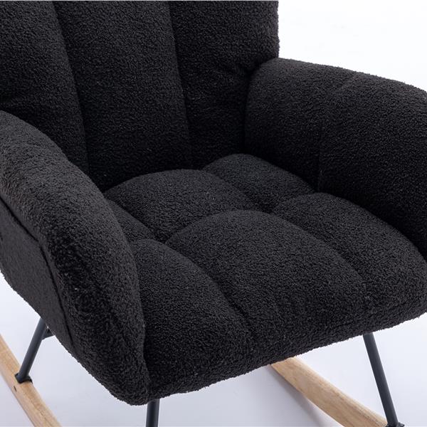 Rocking Chair with Pocket, Soft Teddy Fabric Rocking Chair for Nursery, Comfy Wingback Glider Rocker with Safe Solid Wood Base for Living Room Bedroom Balcony (black)