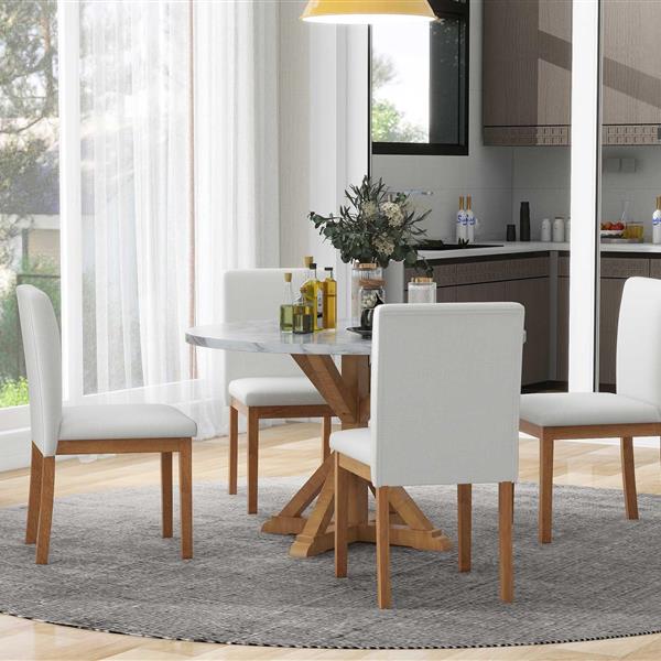 5-Piece Farmhouse Style Dining Table Set, Marble Sticker and Cross Bracket Pedestal Dining Table, and 4 Upholstered Chairs (White+Walnut)