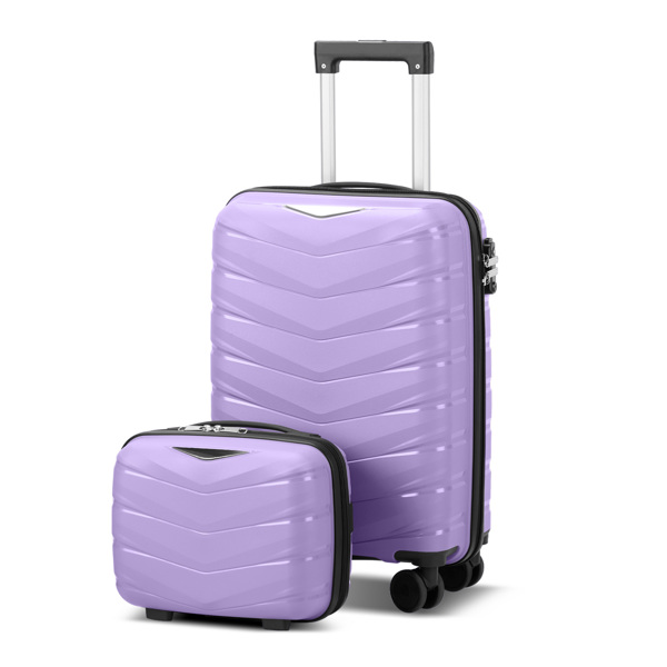  V-shaped striped 2-piece set with PP handbag PP trolley case 14in 20in PP iron trolley fashionable color - taro purple (grain pattern)