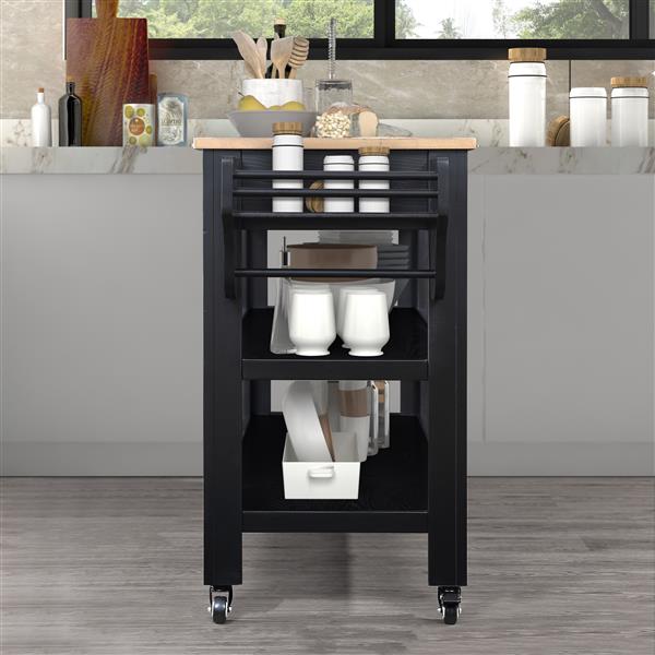 57 inch Rolling Kitchen Island with Storage,Kitchen Cart with Solid OAK Wood Top,Two-sided Kitchen island Cart on Wheels , Wine and Spice Rack, Large Kitchen Cart with 2 Drawers, Black+Natural Top