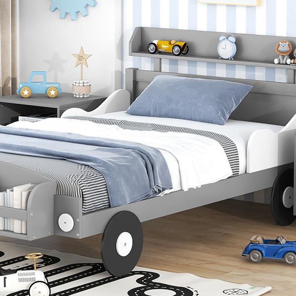 Twin Size Car-Shaped Platform Bed,Twin Bed with Storage Shelf for Bedroom,Gray