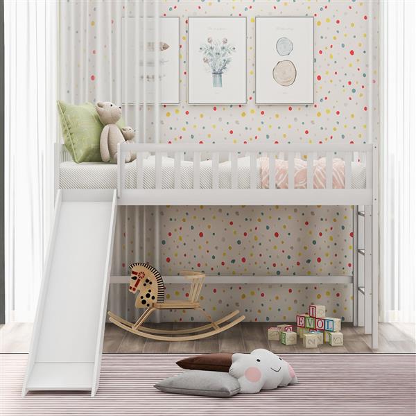 Twin Size Low Loft Bed with Ladder and Slide,White