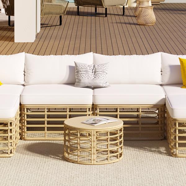 7 Pieces Outdoor Patio Furniture, All-Weather Rattan Sectional Sofa Set with Thick Cushions and Pillows, Freely Combined Conversation Sets for Garden, Backyard, Balcony, Beige