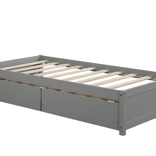 Twin Bed with 2 Drawers, Solid Wood, No Box Spring Needed ,Grey