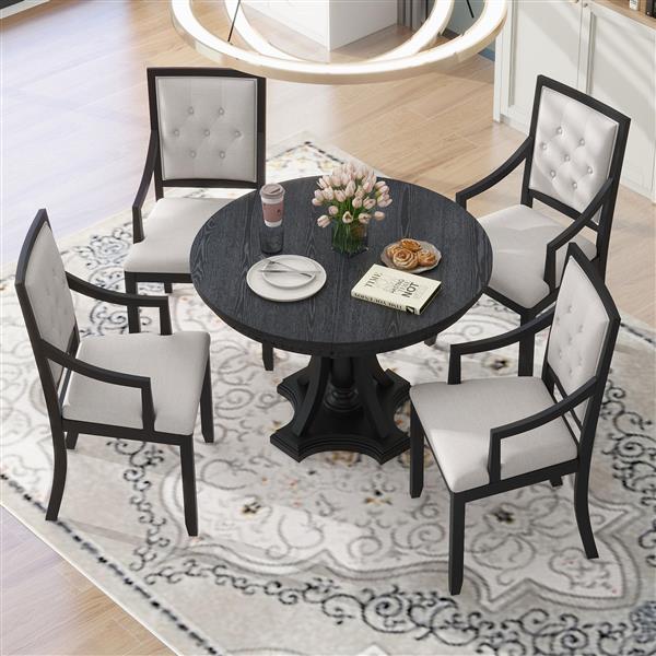 Retro 5-piece Dining Set Extendable Round Table and 4 Chairs for Kitchen Dining Room (BLACK OAK)