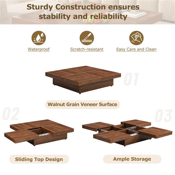 Square Marble Veneer Coffee Table Sliding Top with Storage in Walnut 39.4''