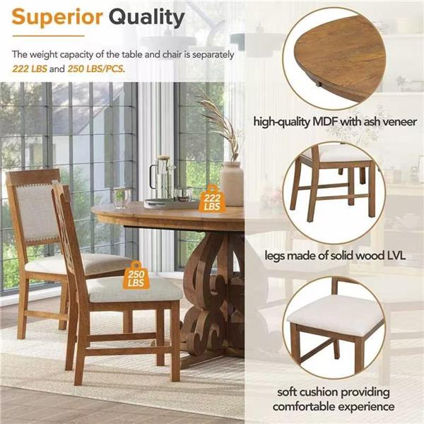 5-Piece Retro Functional Dining Set, 1 Extendable Table with a 16-inch Leaf and 4 Upholstered Chairs for Dining Room and Kitchen (Walnut)