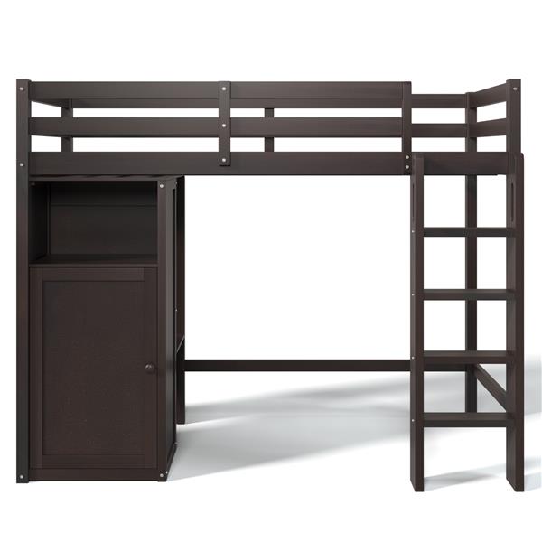 Twin Loft Bed with Wardrobe, Storage Shelves and Ladder, Espresso