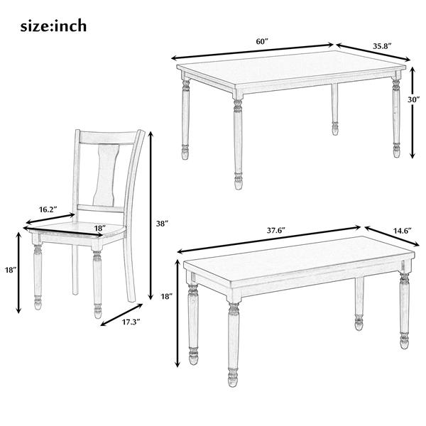 Classic 6-Piece Dining Set Wooden Table and 4 Chairs with Bench for Kitchen Dining Room (Brown+Cottage White)