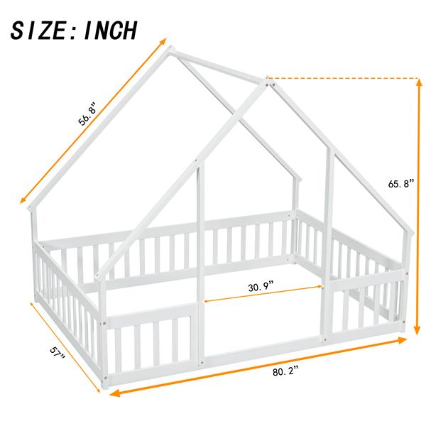 Full Wood House-Shaped Floor Bed with Fence, Guardrails,White