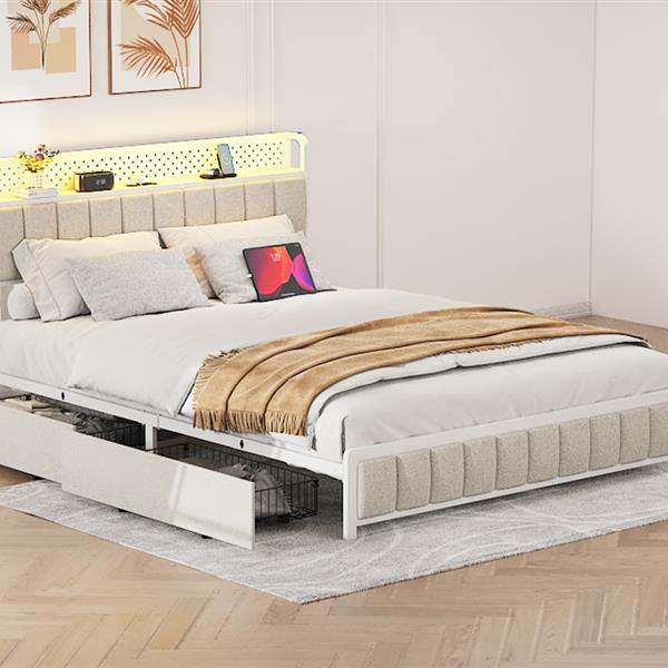 Full Size Platform Bed with 4 Drawers, Metal Bed Frame with LED Lights and Charging Station, No Box Spring Needed, (Beige),  Noise Free,Easy Assemble.