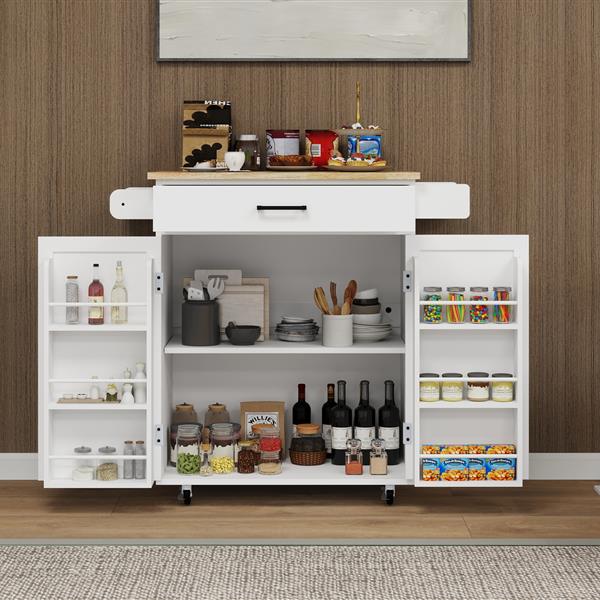 Kitchen island rolling trolley cart with 1 drawer & 2 doors with storage racks & Adjustable Shelves & towel rack & seasoning rack rubber wood table top-White