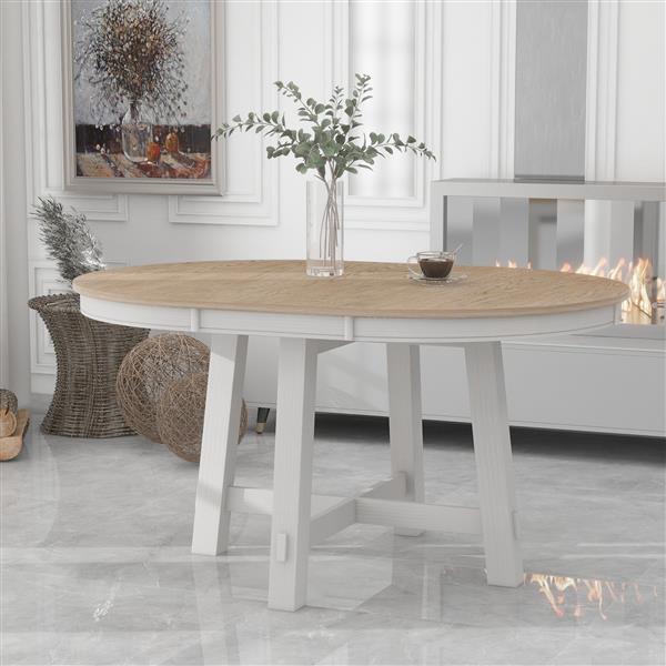 Farmhouse Round Extendable Dining Table with 16" Leaf Wood Kitchen Table (Oak Natural Wood + Antique White)