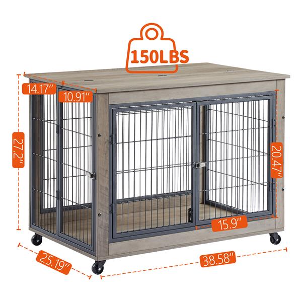 Furniture Style Dog Crate Side Table on Wheels with Double Doors and Lift Top.Grey,38.58''w x 25.5''d x 27.36''h.