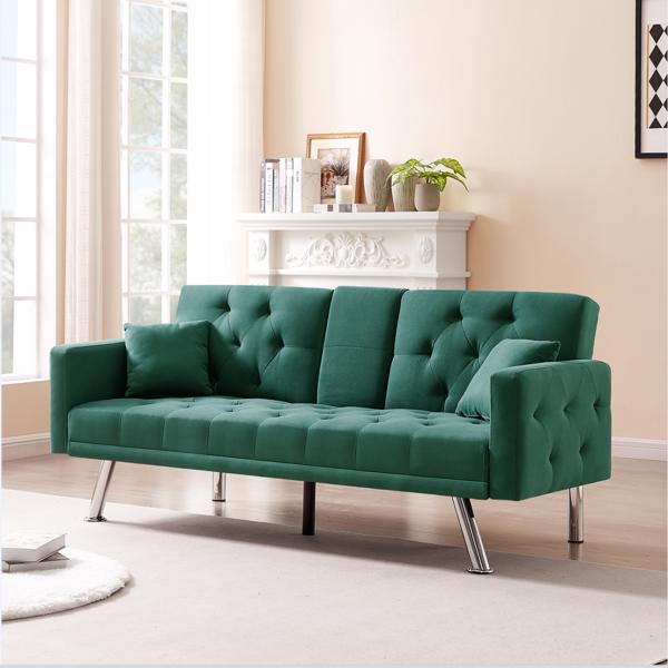 Dark Green Linen Convertible Sofa and Bed, Square Arm Armrests, Can Hold Water Cup, Two Pillow