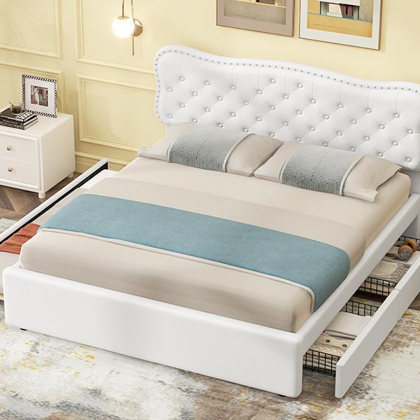 Queen Size Upholstery Platform Bed with Storage Drawers and Trundle,White