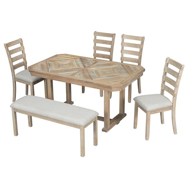 6-Piece Rubber Wood Dining Table Set with Beautiful Wood Grain Pattern Tabletop Solid Wood Veneer and Soft Cushion (Natural Wood Wash)