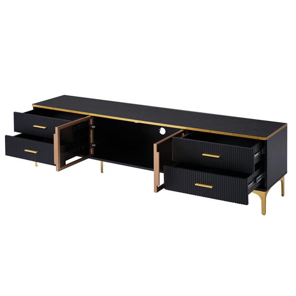 Stylish LED TV Stand with Marble-veined Table Top for TVs Up to 78'', Entertainment Center with Brown Glass Storage Cabinet, Golden Legs & Handles for Living Room, Black