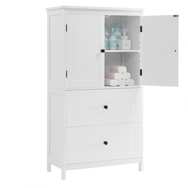 Bathroom Storage Cabinet, Cabinet with Two Doors and Drawers, Adjustable Shelf, MDF Board, White 