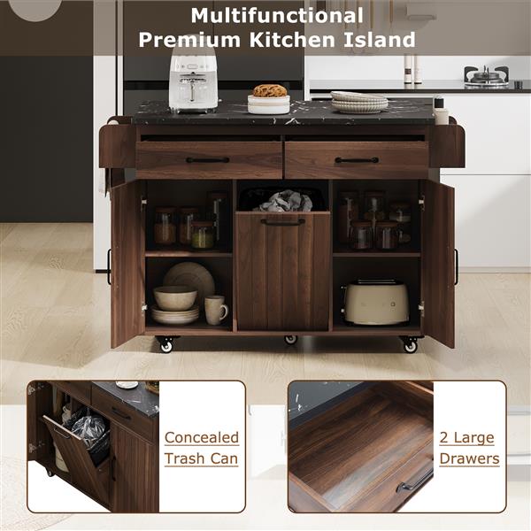 Kitchen Island with Trash Can Storage Cabinet, Kitchen Cart with Drop Leaf, Spice Rack, Towel Rack and Drawer, Rolling Kitchen Island on Wheels with Adjustable Shelf, Walnut Brown