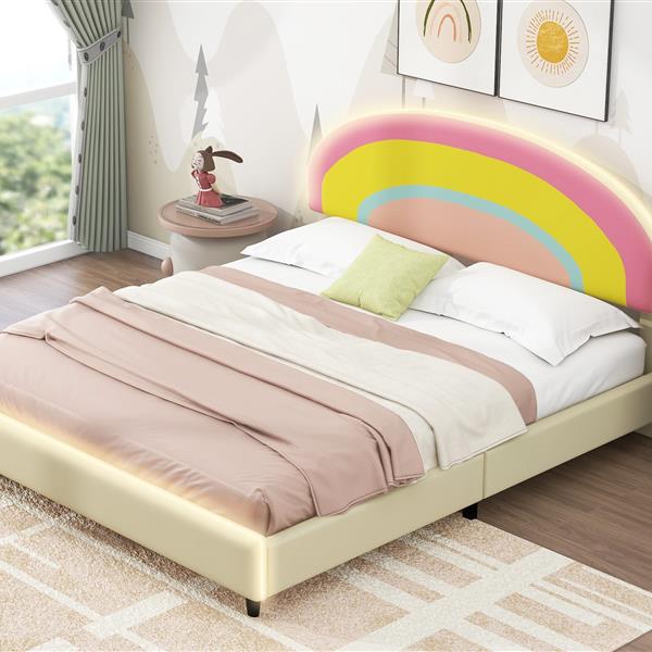 Full Size Upholstered Platform Bed with Rainbow Shaped and Height-adjustbale Headboard,LED Light Strips,Beige