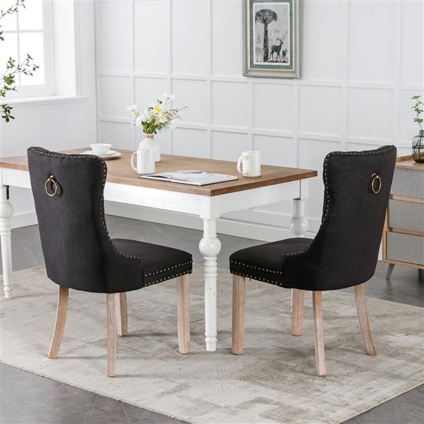 Modern, High-end Tufted Solid Wood Contemporary Flax Upholstered Linen Dining Chair with Wood Legs Nailhead Trim 2-Pcs Set,Black Linen, SW6801BK