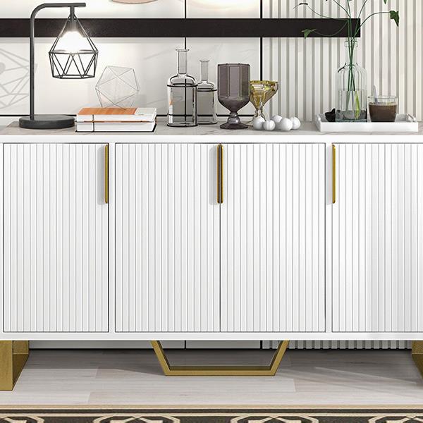 Modern sideboard with Four Doors, Metal handles & Legs and Adjustable Shelves Kitchen Cabinet (White)